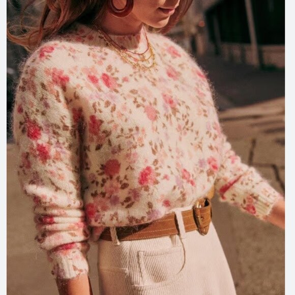 Sezane Amaya Jumper Ecru Blush Floral Crewneck Sweater Causal French - Picture 1 of 10